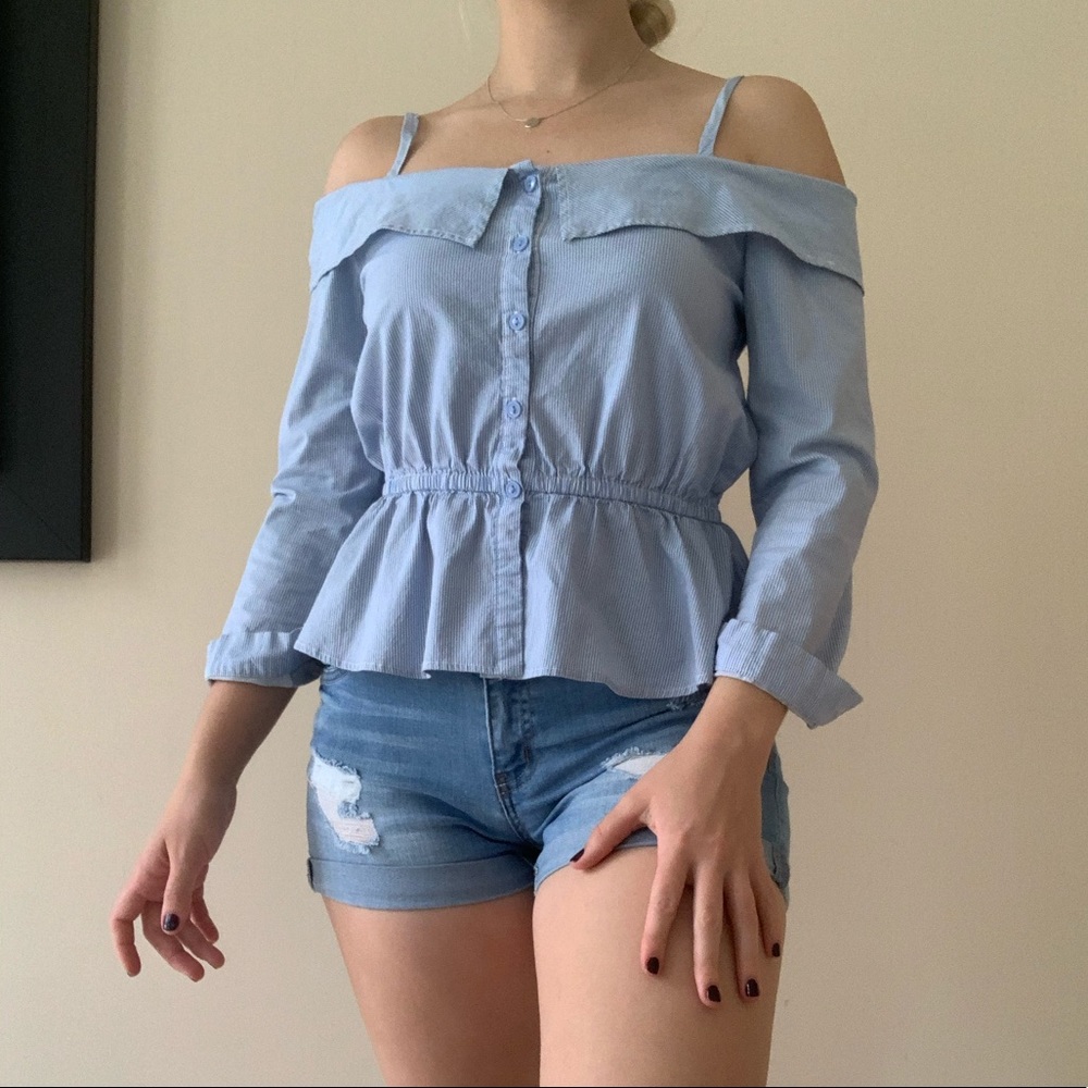 Blue and White Striped Off-the-Shoulder Blouse